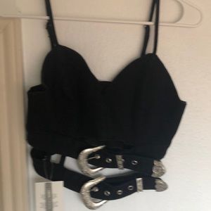 Denim halter top with buckle embellishments